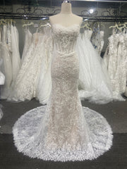 Beaded Lace Wedding Dress Mermaid Strapless Sweetheart Corset Chapel Train