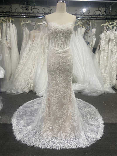 Beaded Lace Wedding Dress Mermaid Strapless Sweetheart Corset Chapel Train