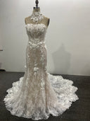 Strapless Mermaid Wedding Dress 3D Floral Lace Removable High Neck Collar