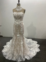 Strapless Mermaid Wedding Dress 3D Floral Lace Removable High Neck Collar