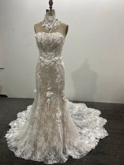 Strapless Mermaid Wedding Dress 3D Floral Lace Removable High Neck Collar