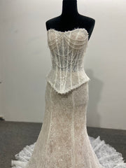 Lace Two Piece Mermaid Wedding Dress Ivory Strapless Beaded Corset Back