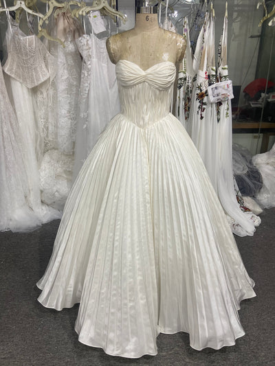 Strapless Pleated Wedding Dress Ball Gown White Satin Corset Back