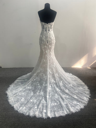 Strapless Mermaid Wedding Dress 3D Floral Lace Corset Court Train