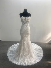 Strapless Mermaid Wedding Dress 3D Floral Lace Corset Court Train