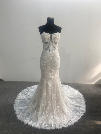 Strapless Mermaid Wedding Dress 3D Floral Lace Corset Court Train