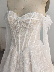 A-Line Lace Wedding Dress Off Shoulder Pearl Chains Long Chapel Train