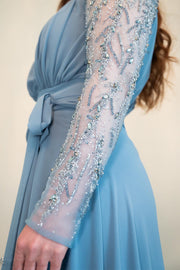 Blue Chiffon Beading Long Sleeve Bridesmaid Dress