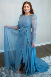 Blue Chiffon Beading Long Sleeve Bridesmaid Dress