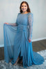 Vestido azul de gasa para dama de honor, con pedrería, mangas largas, escote barco y abertura