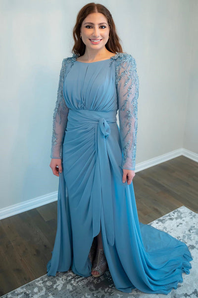 Blue Chiffon Beading Long Sleeve Bridesmaid Dress