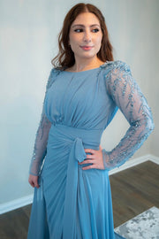 Blue Chiffon Beading Long Sleeve Bridesmaid Dress