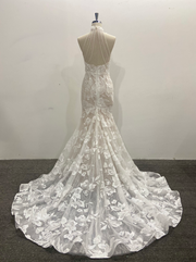 Trumpet Lace Wedding Dress Beaded White Halter Sleeveless Sweep