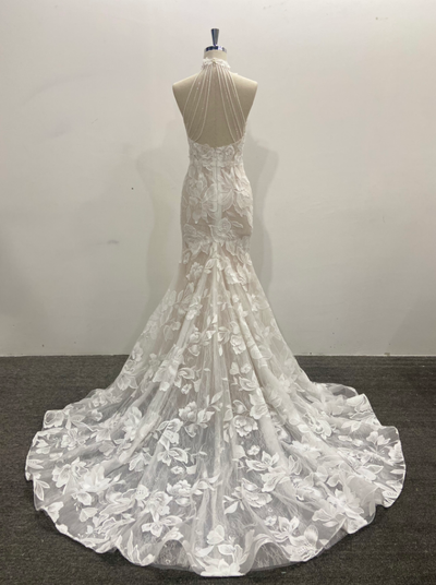 Trumpet Lace Wedding Dress Beaded White Halter Sleeveless Sweep