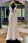 White Lace Sheer Straps V Back Mermaid Long Wedding Dress, Buttons
