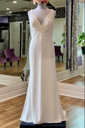 White V-Neck Square Back Long Mermaid Wedding Dress