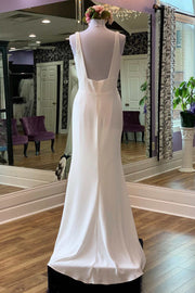 White V-Neck Square Back Long Gown