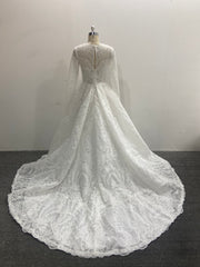 Lace A Line Wedding Dress Square Neck Long Sleeve Button Back Chapel Train