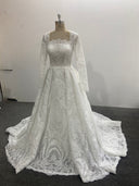 Lace A Line Wedding Dress Square Neck Long Sleeve Button Back Chapel Train