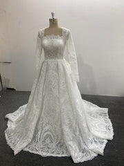 Lace A Line Wedding Dress Square Neck Long Sleeve Button Back Chapel Train