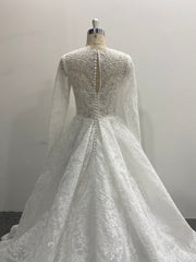 Lace A Line Wedding Dress Square Neck Long Sleeve Button Back Chapel Train