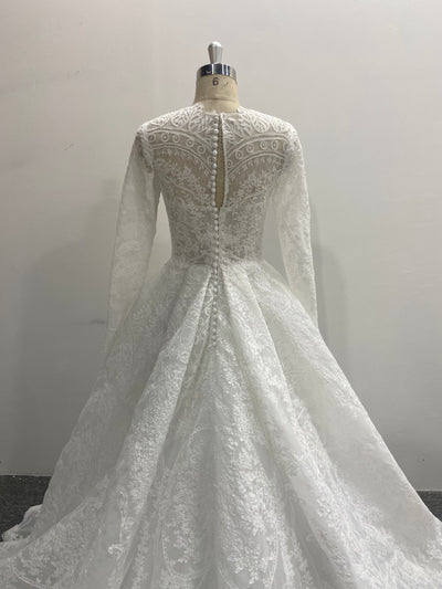 Lace A Line Wedding Dress Square Neck Long Sleeve Button Back Chapel Train