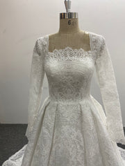 Lace A Line Wedding Dress Square Neck Long Sleeve Button Back Chapel Train