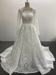 Lace A Line Wedding Dress Square Neck Long Sleeve Button Back Chapel Train