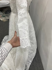 Lace A Line Wedding Dress Square Neck Long Sleeve Button Back Chapel Train