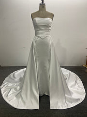 Satin Mermaid Wedding Dress 3 Pieces Set Ivory Strapless Corset Back Overskirt Buttons