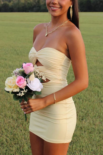 Strapless Sweetheart Keyhole Pleated Satin Short Mini Tight Party Homecoming Dress