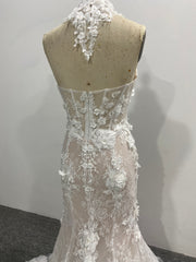 Strapless Mermaid Wedding Dress 3D Floral Lace Removable High Neck Collar