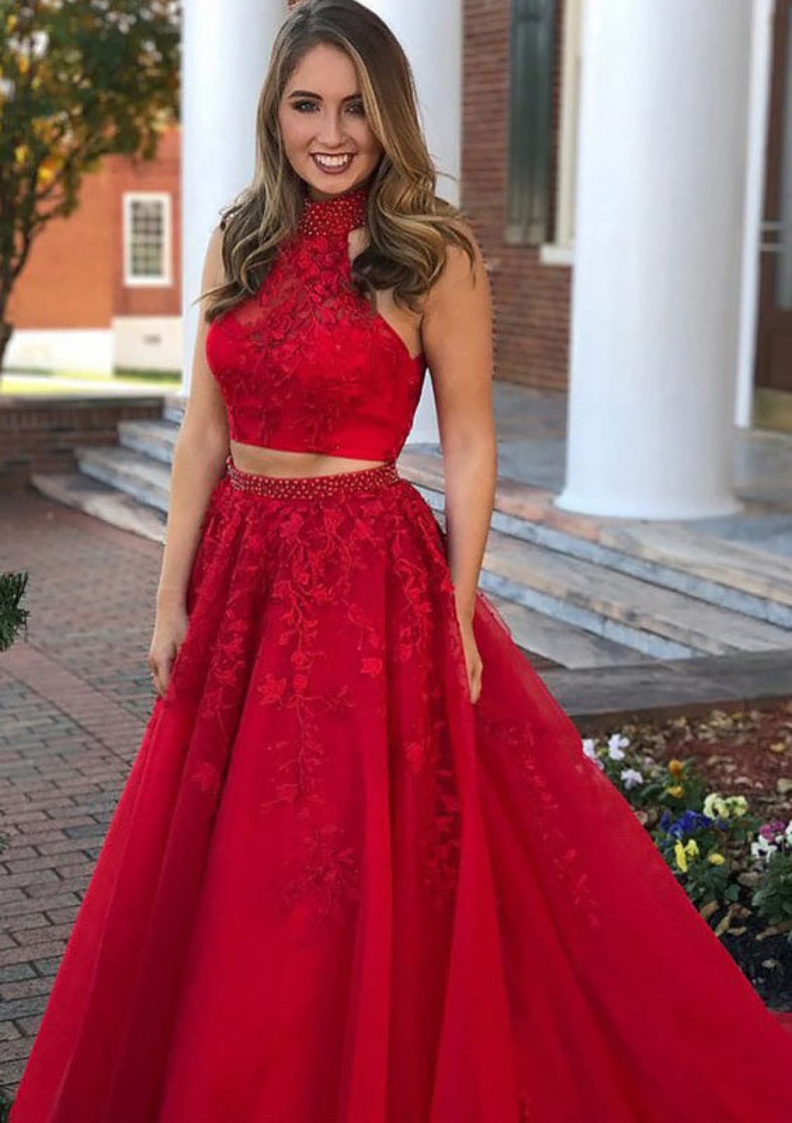 2 Piece Set Dress A-line High-Neck Sleeveless Red Lace Tulle Prom Gown