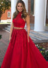 2 Conjunto de peças vestido A-line High-Neck mangas Red Lace Tulle Prom Vestido, Beading