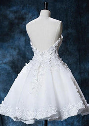 Бальное платье Короткое атласное свадебное платье цвета слоновой кости без бретелек, кружево из бисера