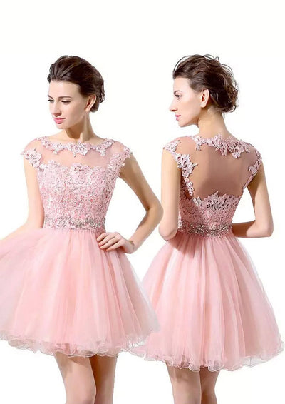 Sheer Bateau Pink Lace Organza Short Mini Cocktail Party Prom Dress