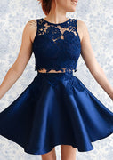 Two Piece Sleeveless Navy Blue Lace Satin Short Mini Homecoming Dress