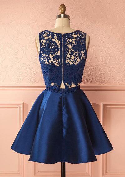 Two Piece Sleeveless Navy Blue Lace Satin Short Mini Homecoming Dress