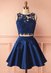 Two Piece Sleeveless Navy Blue Lace Satin Short Mini Homecoming Dress