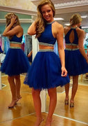 Organza Homecoming Dress Royal Blue Two Piece Short Beaded Prom Dress