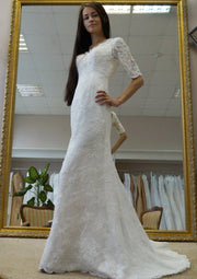 A-line Scalloped Neck Half Sleeve Sweep Lace Wedding Dress