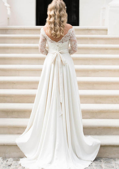 A-line Scalloped Neck Long Sleeve Sweep Lace Satin Wedding Dress, Sash