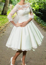 Bateau 3/4 Sleeve Knee-Length Ivory Lace Satin Wedding Dress
