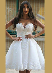 Vestido de baile Marfim cetim Strapless vestido de casamento curto, Beaded Lace