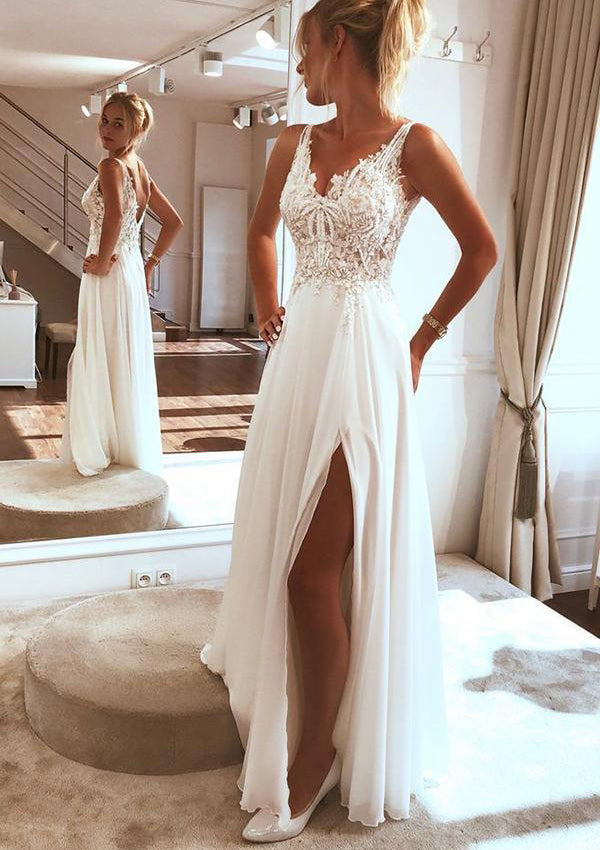 A-Line V Neck Sleeveless Long Chiffon Wedding Dress, Split Beading Lace A-Line V Neck Sleeveless Long Chiffon Wedding Dress, Split Beading Lace
