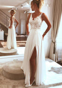 A-line V Neck Sleeveless Long Chiffon Wedding Dress, Split Beading Lace