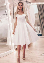 A-line Off Shoulder Pleated Knee-Length Ivory Satin Wedding Dress