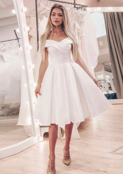 A-line Off shoulder Pleated Knee-Length Ivory Satin Wedding Dress