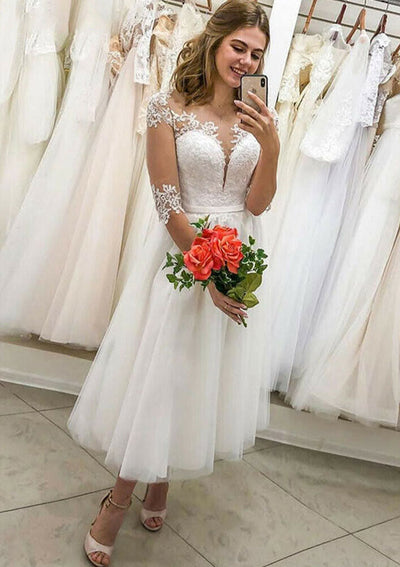 A-line Illusion Neckنصف Sleeve Tea-Length Tulle Wedding Dress, Lace Waistband