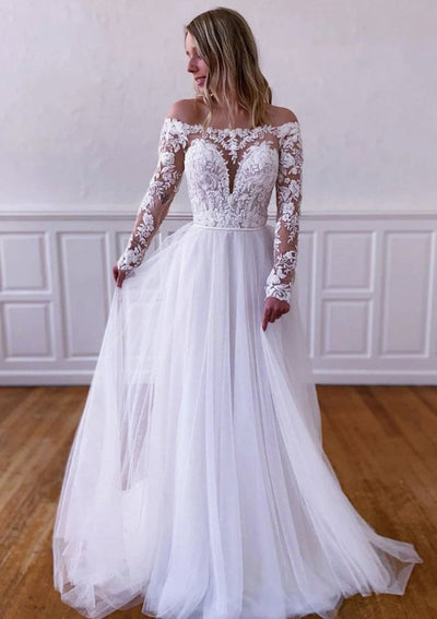 A linha Off Ombro Ilusão manga comprida varredura Tulle Lace vestido de casamento